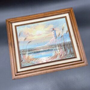 Vintage Lighthouse Seascape Oil Painting Framed Bernard B Duggan Nautical Dunes